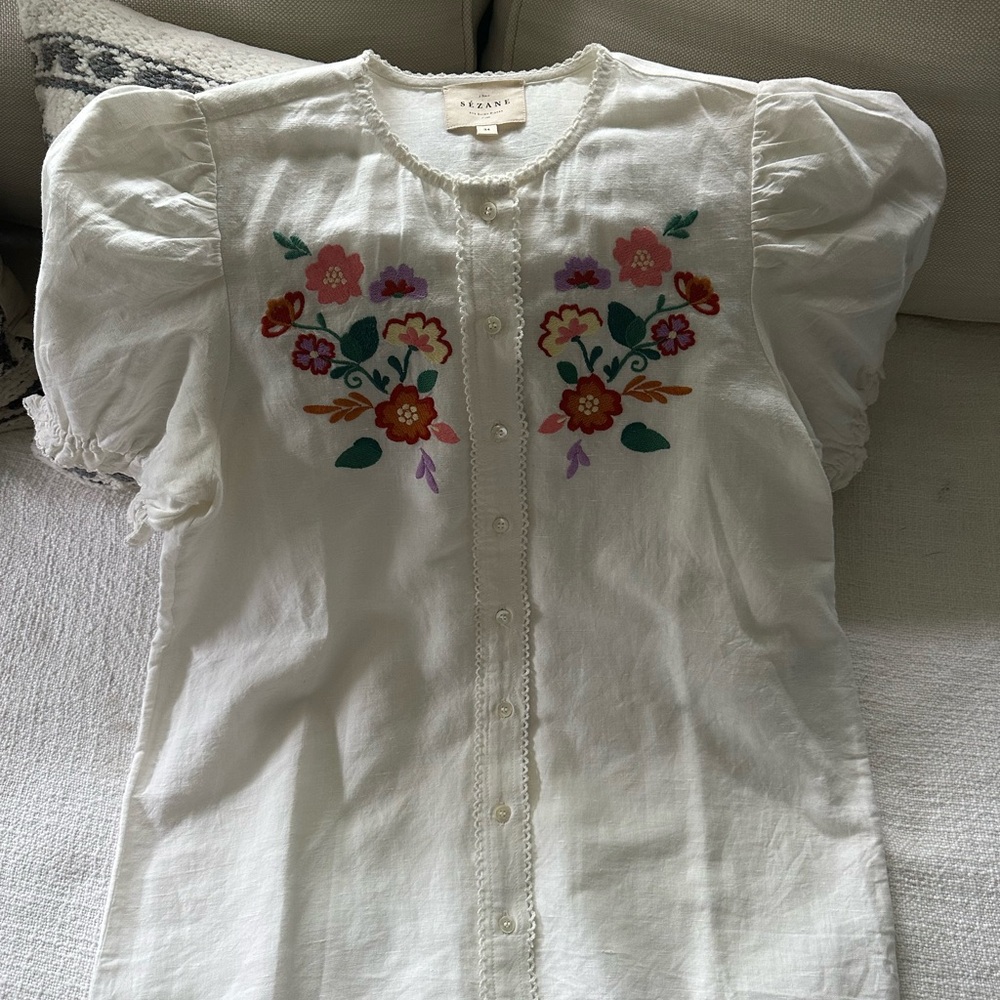 Sezane Cream Blouse with Multicolor Floral Embroidery - Picture 2 of 3